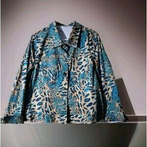 Vintage Animal Print Jacket XL Turquoise Blue Beige Lightweight Travel Chic Glam